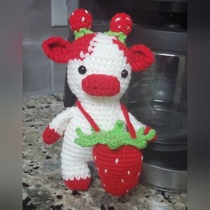Handmade Crochet Strawberry Cow With Strawberry Pouch Bag